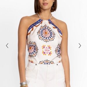 Jade Women's Halter Neck Top with Blue and Orange Print